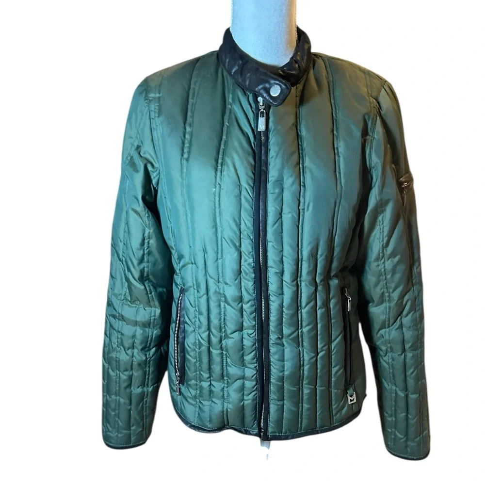 Michael Kors Olive Green Quilted Jacket with Faux Leather Detailing